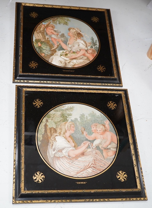 A pair of 19th century silk work embroideries depicting Ceres and Pomona, framed. Condition - fair to good